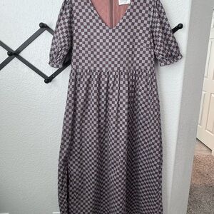 Brown and Blue Checkered Midi Dress